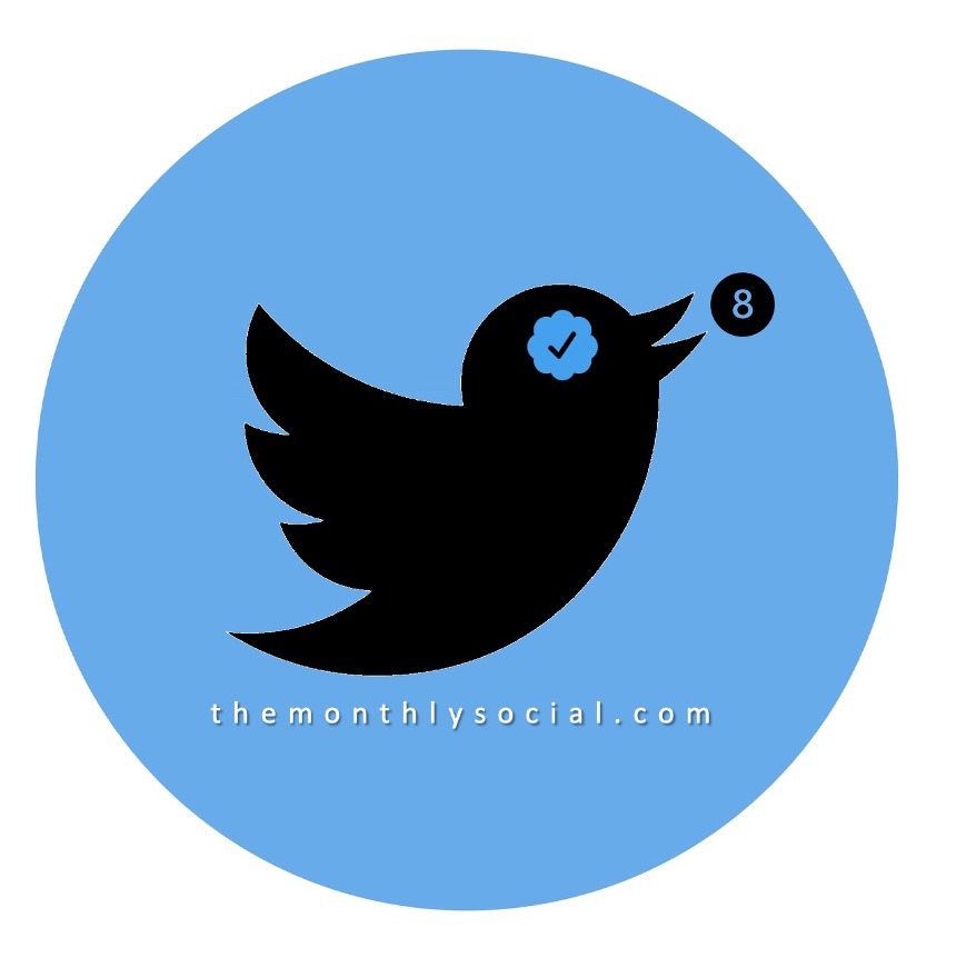 A Twitter Logo Bird turned dark, with a blue checkmark for an eye, chasing the number 8.