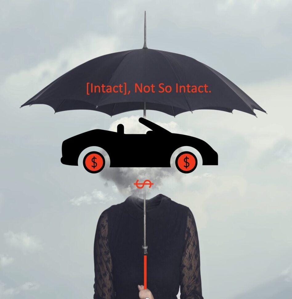 A person holding an umbrella. Face has been replaced by the sideview of a car with the wheels acting as eyes with dollar sign pupils. The mouth also a dollar sign symbol.