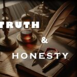 The Words Truth & Honesty overlayed on a feather pen and book