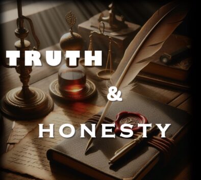 The Words Truth & Honesty overlayed on a feather pen and book