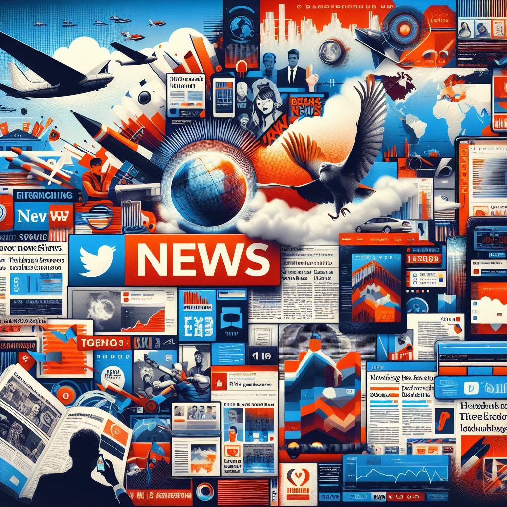 News Logo with a variety of images like planes, cars, newspapers, people.