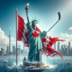 The Statue of Liberty decorated in the Canadian Flag and Hockey Stick